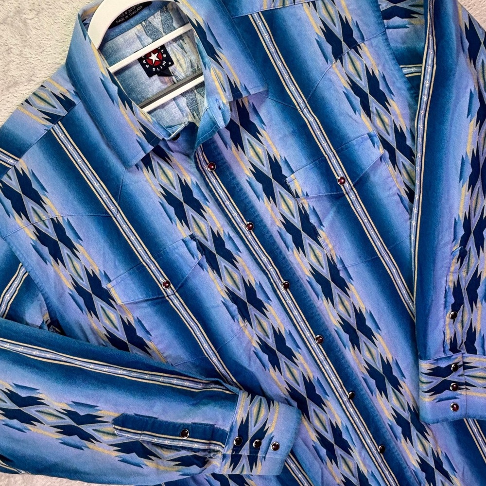 Panhandle Slim Mens Shirt Sz XL Blue Aztec Geometric Pearl Snap Western 30S3110